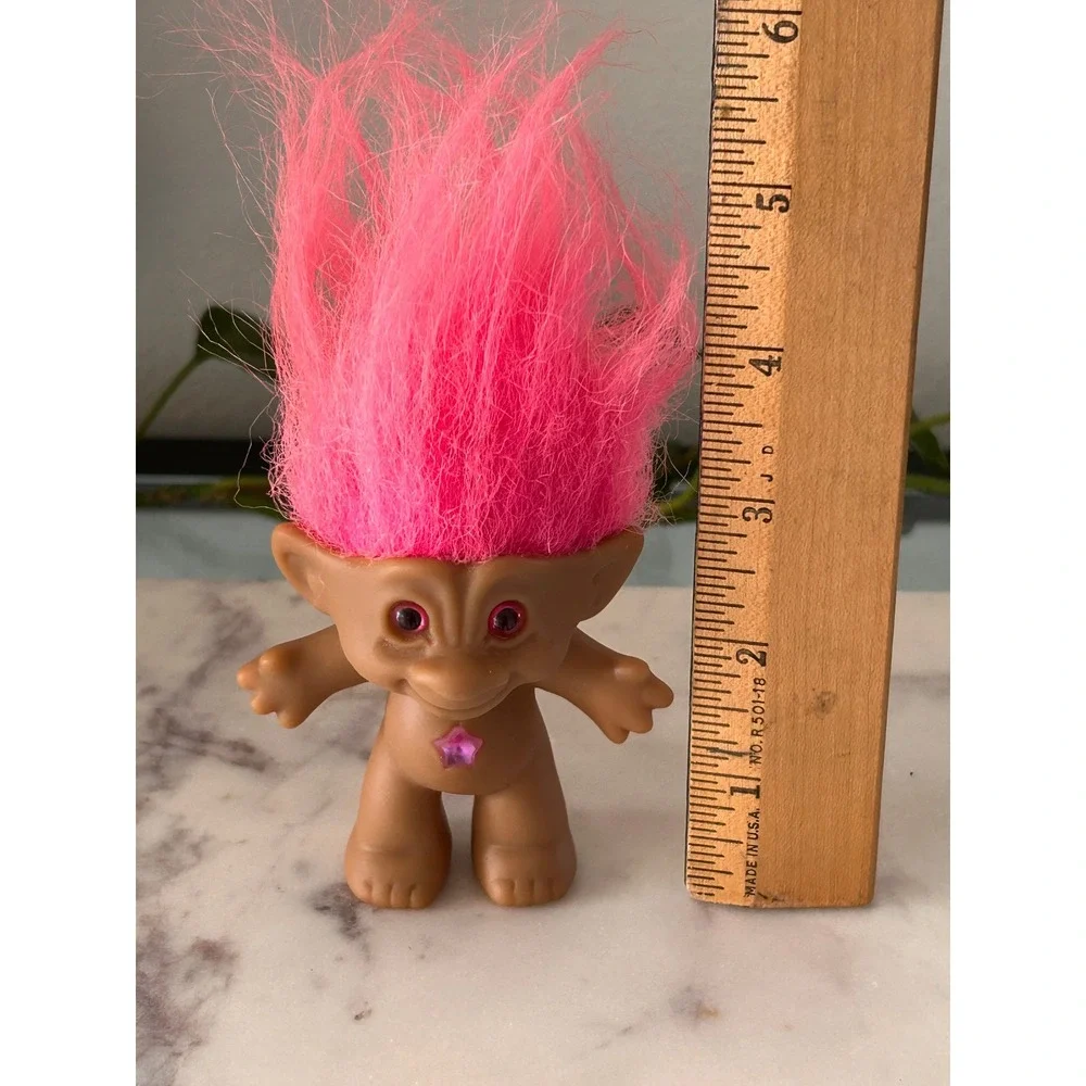 Vintage Ace Novelty Pink Hair Troll Doll Pink Star Gem Belly Jewel 3 Inch 90s